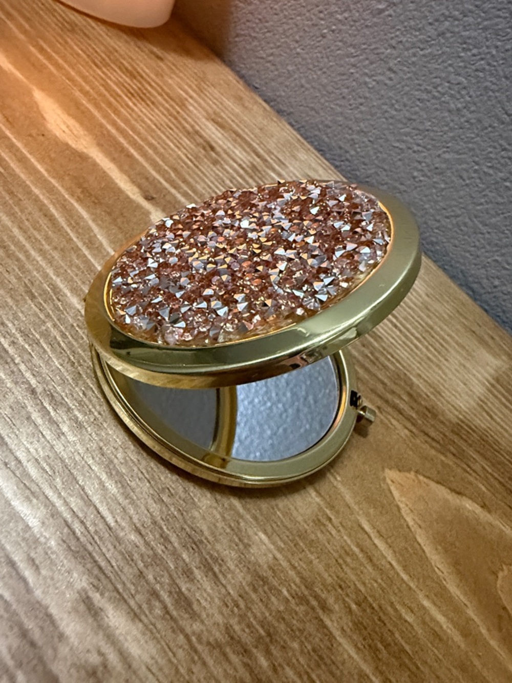 Gold Compact Mirror with Pink Crystal Top